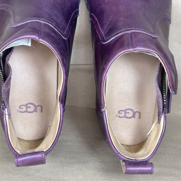 UGG Women Sz 8.5 Aureo Leather Zippered Ankle Bootie Almond Toe Burgundy Purple - Picture 10 of 10